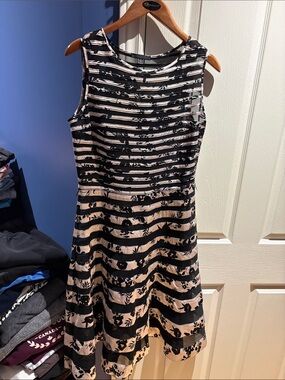Sandra Darren Lattice Sheer Accent Dress Black & Cream Striped Floral Midi Dress